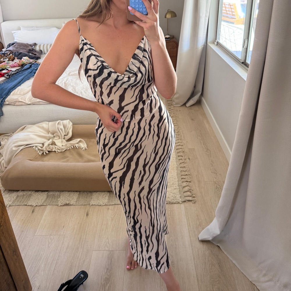 Black and White Bodycon Midi Dress with Plunge Neckline